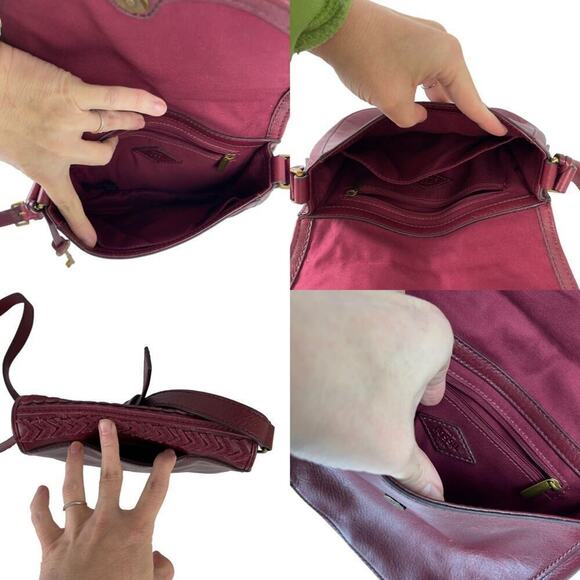 Fossil Emi Red Tassel Leather Saddle Crossbody Bag Color Wine - Picture 14 of 16